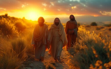 Two disciples walking along a sandy road to Emaus, talking to the yet unrecognized Christ © GlimmyGlyphs