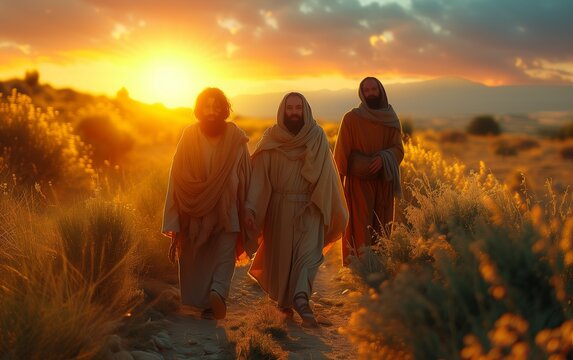 Two disciples walking along a sandy road to Emaus, talking to the yet unrecognized Christ