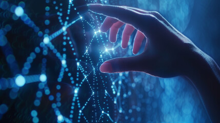 human finger is touching a dynamic and luminous network of connections