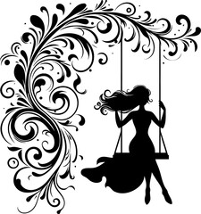 women Sitting on a sweet swing with silhouette flowers ornament, decoration, floral design. 