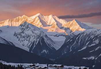 Dusk illuminating snow-capped mountain peaks