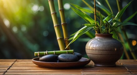 Creative composition of bamboo and chandle for spa background