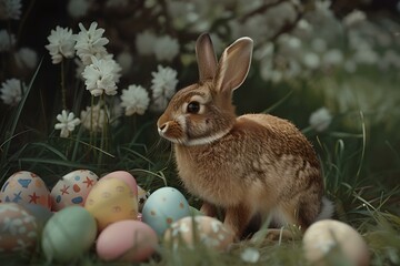 Fototapeta na wymiar Charming rabbit amidst colorful easter eggs in a blossomy garden. perfect for festive concepts and spring celebrations. idyllic nature scene. AI