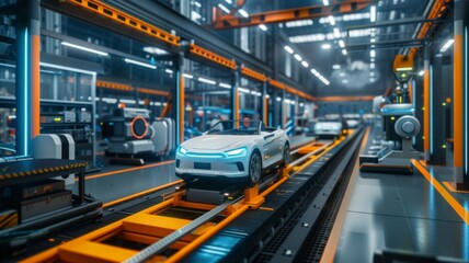 Futuristic Car Manufacturing Plant - A modern electric vehicle on the production line in a high-tech manufacturing facility.