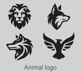 Collection of modern logos of various predatory animals tribal style of wolf, fox, lion and eagle
