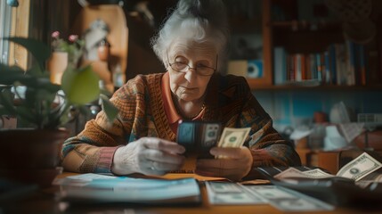 Elderly woman managing finances at home, surrounded by bills and money. candid, authentic moment captured in warm light. AI - obrazy, fototapety, plakaty