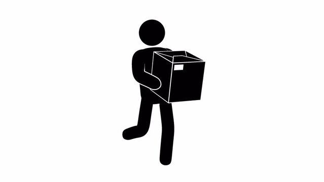 Pictogram man carrying a parcel box. Stickman delivery man carries a box. Looped animation with alpha channel