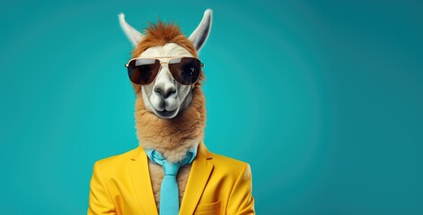 A llama stands confidently wearing sunglasses and a yellow suit, showcasing its quirky and playful fashion sense.