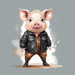 Cute Pig Watercolor Illustration with Curly Tail and Stylish Jacket