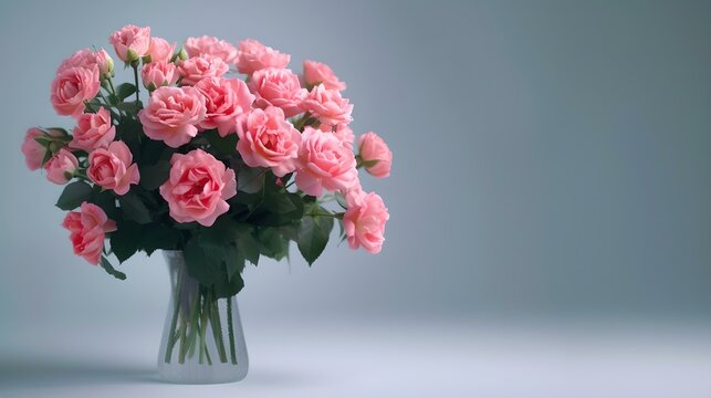 Elegant pink roses in a glass vase on a grey background. perfect for greetings and celebrations. fresh floral arrangement. AI