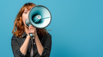 Visual stock photo description: A woman stands with a megaphone against a blue background, symbolizing company announcements, presentations, and news concepts