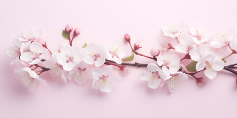 Fototapeta na wymiar Sakura blossoming branch spangled with flowers and buds. Blooming cherry branch shares tender atmosphere completing Asian style design