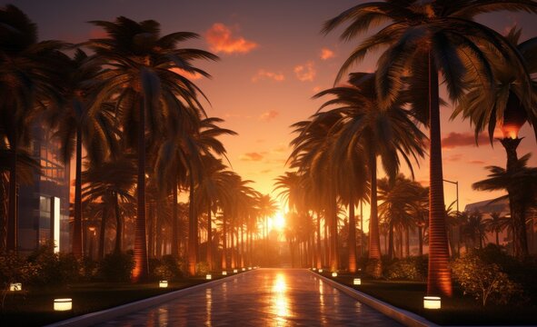 A photo capturing a scenic sunset with a backdrop of palm trees and a shimmering pool.