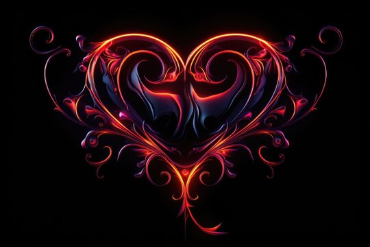 A photo of a red heart with intricate swirl designs on a black background, creating a striking contrast.
