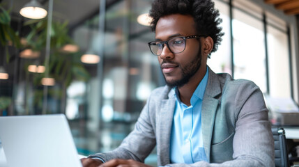 Obraz premium A professional is focused on working on a laptop at an office desk, with documents spread out and a casual yet smart style.