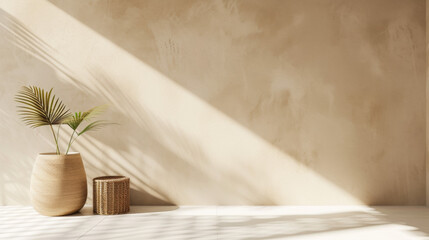 Fototapeta na wymiar Modern beige Interior with geometrical sunlight, shadows and natural decor. Empty wall mockup 