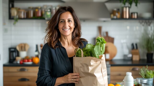 Smiling woman with grocery bag in modern kitchen setting. home cooking and healthy lifestyle concept. AI