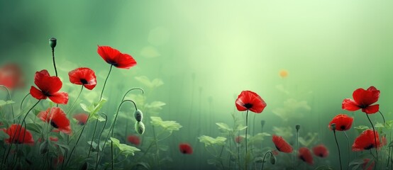 Fototapeta premium A group of vibrant red flowers blooms in the lush green grass.