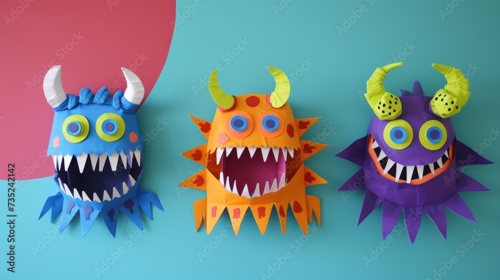 Wall mural Monsters made of colored paper, kids craft, children's art.