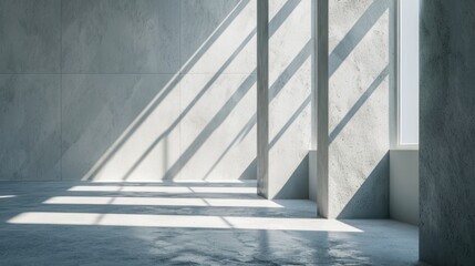 Obraz premium abstract. minimalistic background for product presentation. walls in large empty room greyish white. can full of sunlight. Loft wall or minimalist wall. Shadow, light from windows to plaster wall.