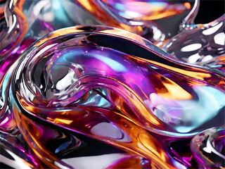 Colorful Holographic metallic fulid isolated on white background.Flowing wave line or tape in motion. Fluid, foil or metal neon shape