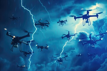 blue lightning style sky full of drones masterpiece - obrazy, fototapety, plakaty