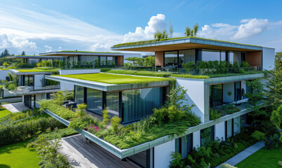 A modern residential complex of the future with houses with a green roof and plants on the balconies. eco settlements