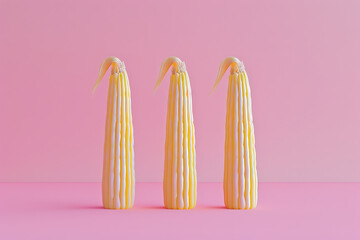 three corn cobs on a pink background in the style of 