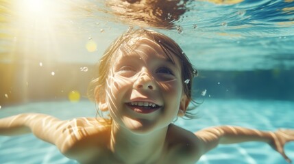 Cute smiling child having fun swimming and diving in the pool at the resort on summer vacation. Sun shines under water and sparkling water reflection. Activities and sports to happy kid - obrazy, fototapety, plakaty