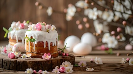 Delicious easter cake surrounded by spring blossoms and decorations. ideal for festive occasions. sweet, homemade dessert imagery. AI