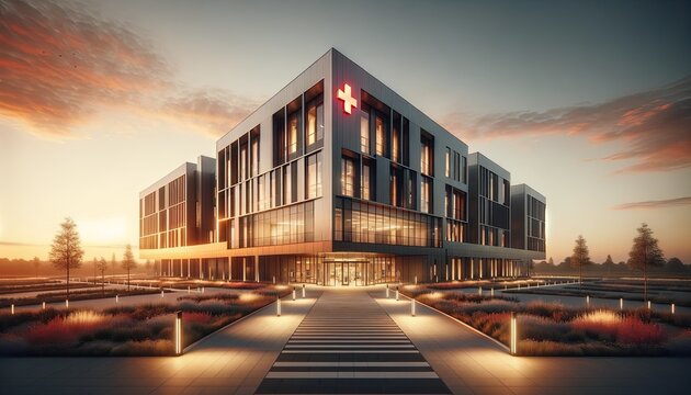 Dramatic Sunset Sky Behind a State-of-the-Art Hospital Emphasizing Emergency Healthcare