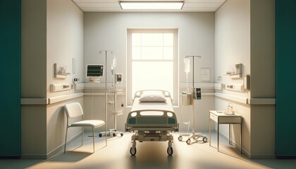 Minimalist Hospital Room with Sunlight Streaming in, Highlighting the Essential Medical Equipment