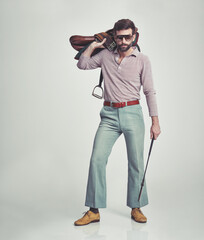 Vintage, man and saddle with riding crop in studio for hobby, leisure and confidence with sunglasses. Equestrian, person and 70s style, hipster clothes or retro outfit for fashion on white background