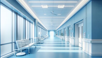  Bright and Airy Hospital Hallway or Corridor with Soft Blue Tones Promoting a Sense of Cleanliness and Order