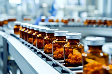 Bottles of medicine on an automated production line in a pharmaceutical factory.