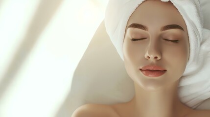 Serene woman enjoying spa day with eyes closed, wrapped in towel. concept of relaxation and beauty. soft light and clean style. AI