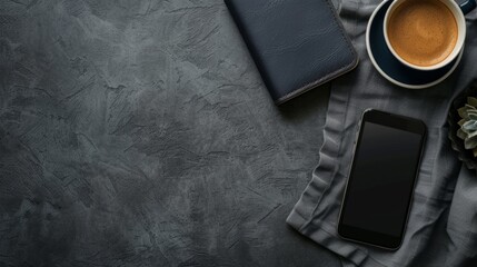 Flatlay image with dark color scheme using leather and linen design details ideal for modern business or corporate product mockup, scene creator, text background, copy space