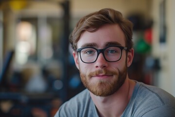 Obraz premium A man wearing glasses directs his gaze towards the camera.