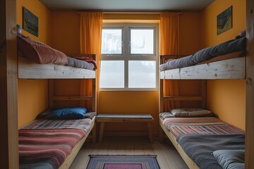 A photo of a couple of bunk beds in a room, providing affordable and practical accommodation options for multiple guests.