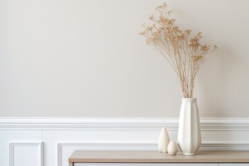 A white vase sits gracefully on top of a sturdy wooden table.
