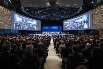 A photo depicting a large crowd of people gathered in front of a stage at the World Economic Forum.