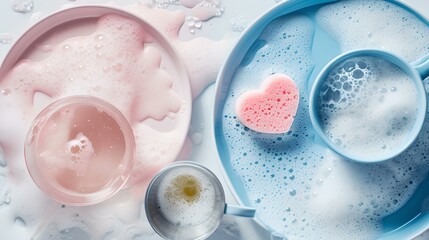 Pink and blue dish soap with sponges in a kitchen setting. cleaning essentials displayed artistically. ideal for hygiene-related content. AI - obrazy, fototapety, plakaty