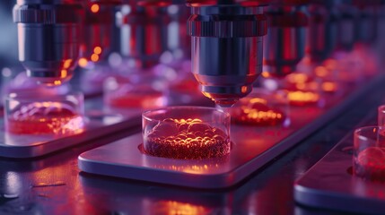 A detailed snapshot of cell culturing in petri dishes being examined under the microscope in a scientific research laboratory with red ambient lighting. - obrazy, fototapety, plakaty