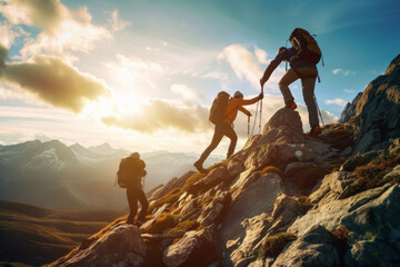 A group of hikers team with backpacks helping each other hike up a mountain. Adventurous lifestyle. Teamwork concept. - obrazy, fototapety, plakaty