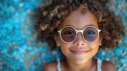 Fototapeta na wymiar Smiling Curly-Haired Girl in White Round Glasses.