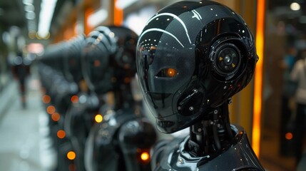 Fototapeta premium Humanoids standing in a line in a factory