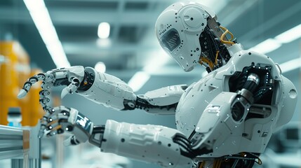 Fototapeta premium A futuristic robot with humanoid features, including articulated hands and a head, is displayed in a high-tech laboratory environment.