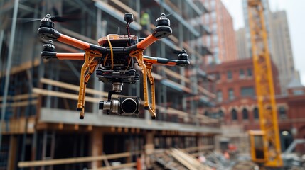 Industrial-grade drone with a mounted camera flying over a construction site to capture detailed images for site analysis and inspection.
