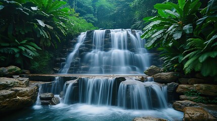 Fototapeta premium Tranquil scene of a majestic waterfall surrounded by lush tropical foliage in a serene jungle setting.