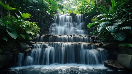 Gentle cascades flow over multiple levels surrounded by the rich greenery of a dense tropical forest, creating a peaceful atmosphere.